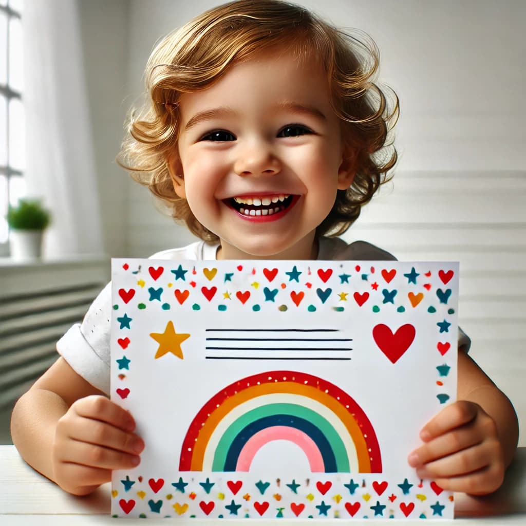 Happy child holding a colorful letter with rainbow design