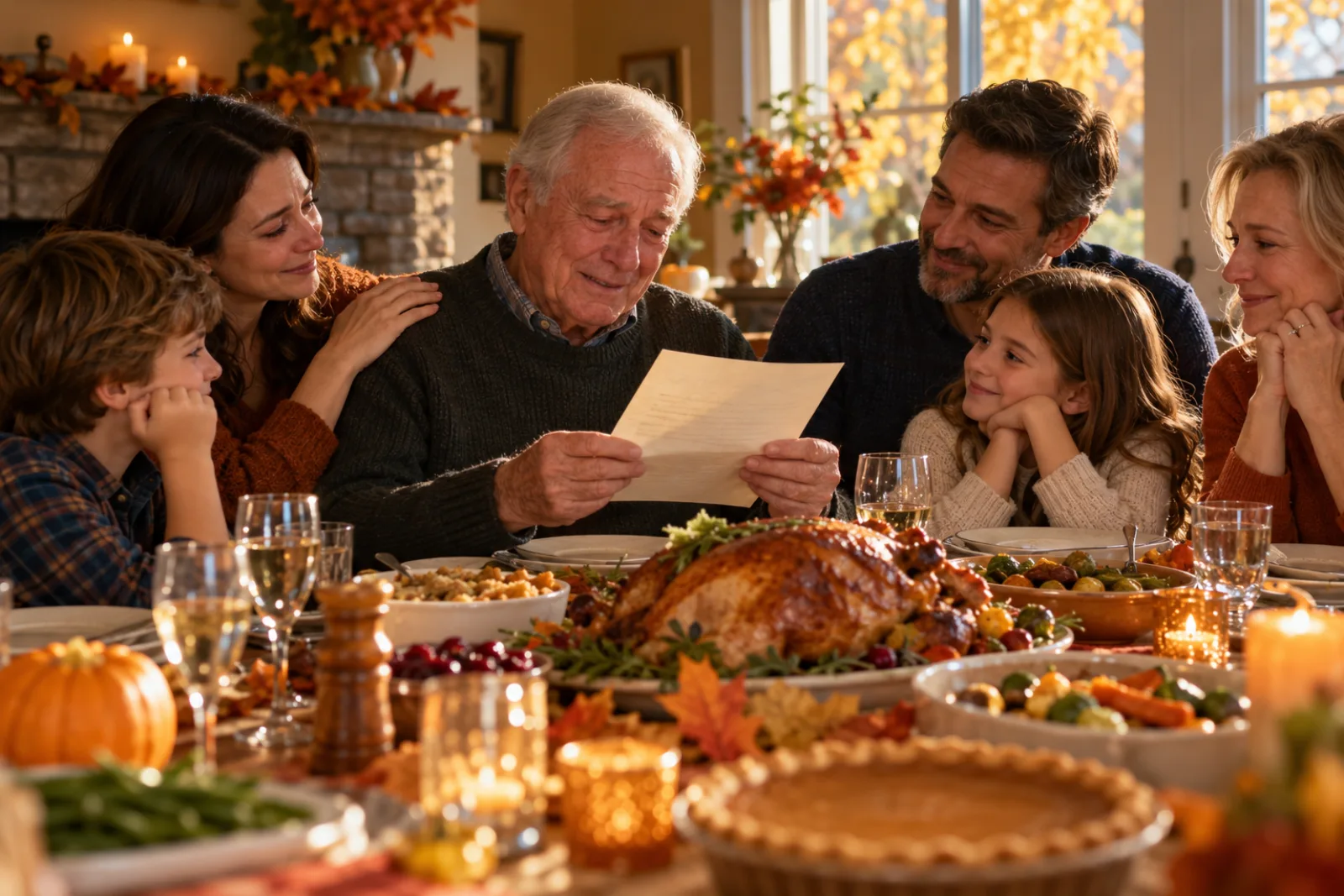 A grandfather reads a letter aloud at a Thanksgiving table while his family listens, smiling