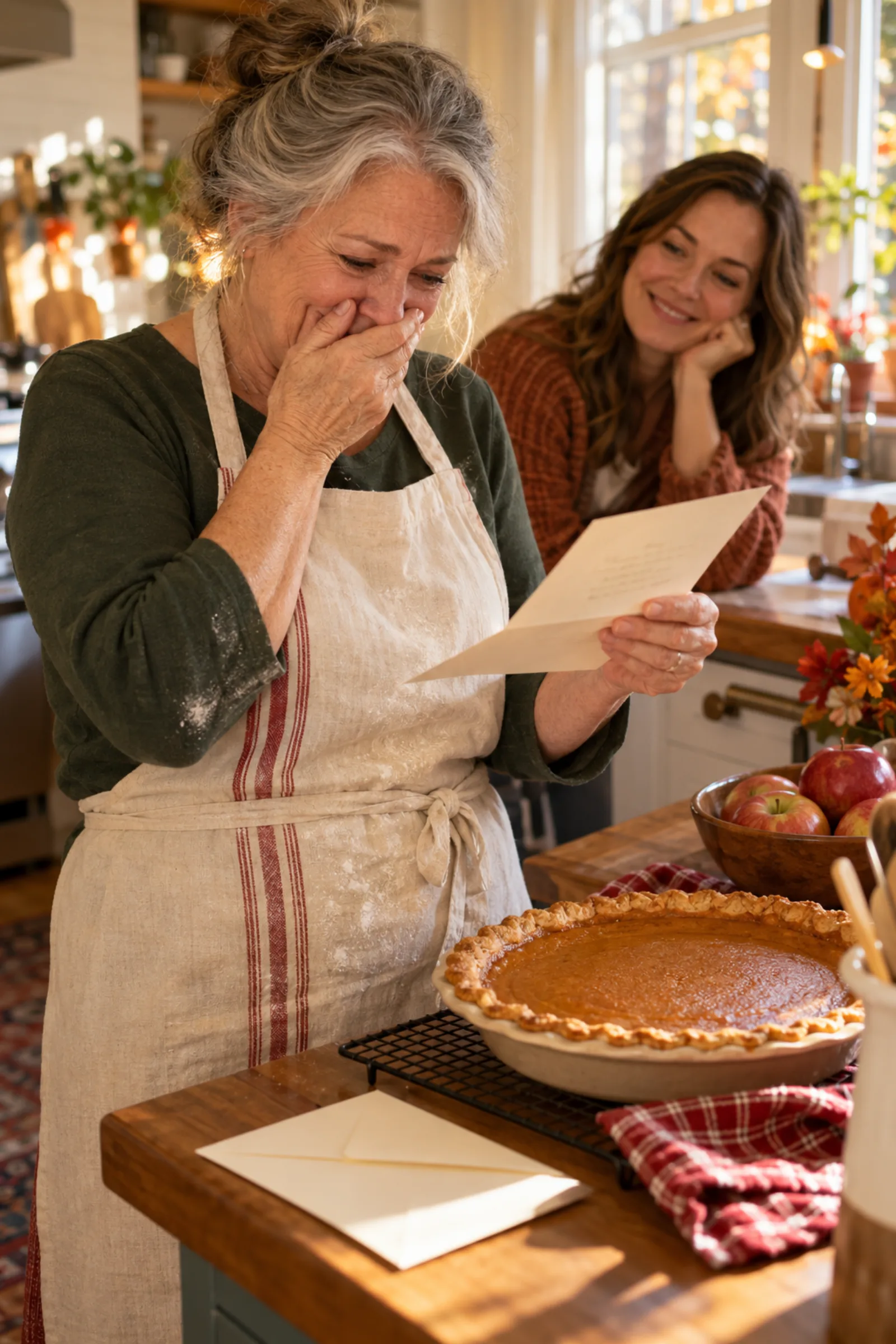 A woman in an apron pauses beside a pumpkin pie to read a letter, hand over her mouth, as her grown daughter smiles behind her
