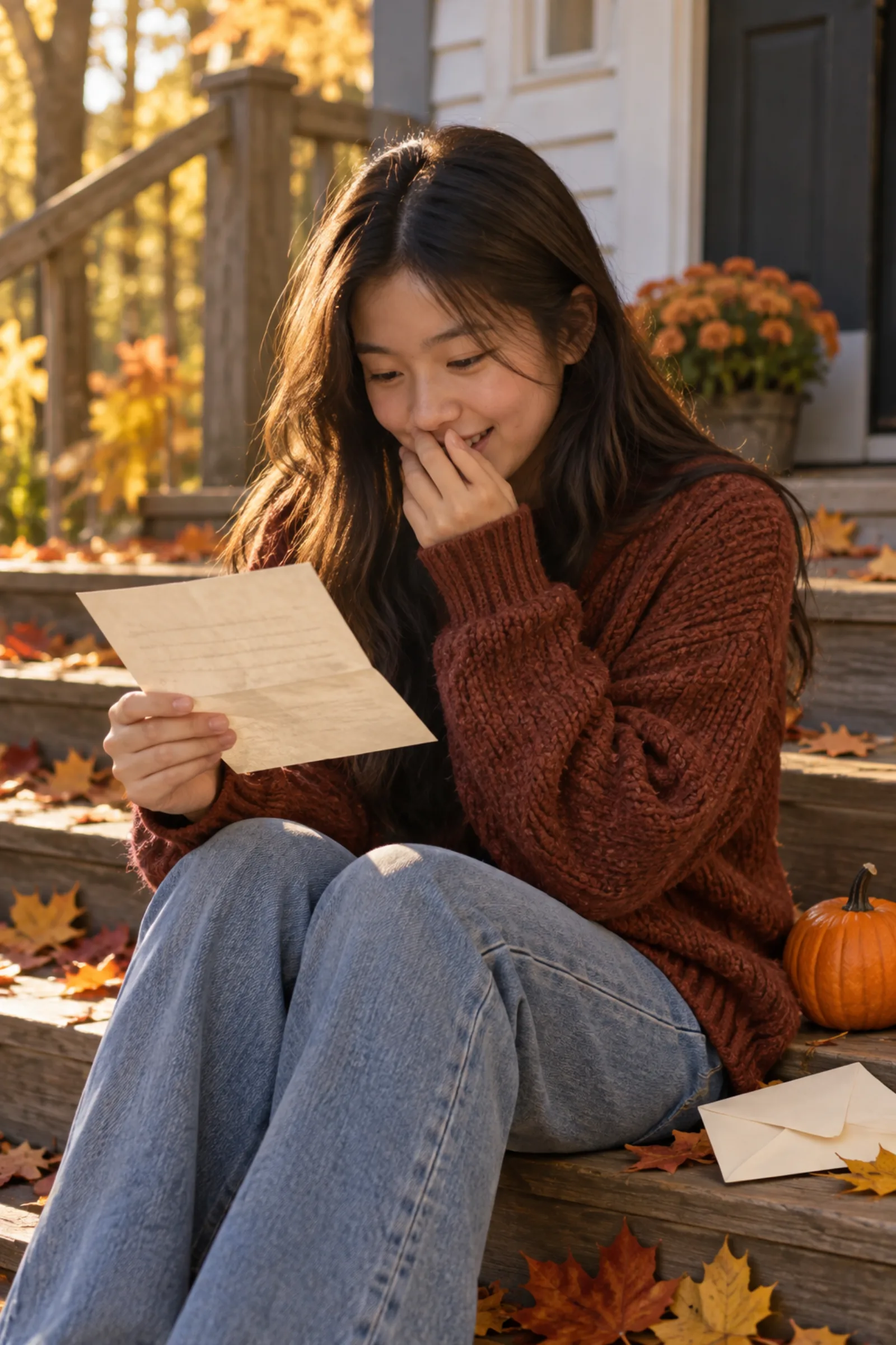 A teenager on porch steps covered in autumn leaves smiles at a letter
