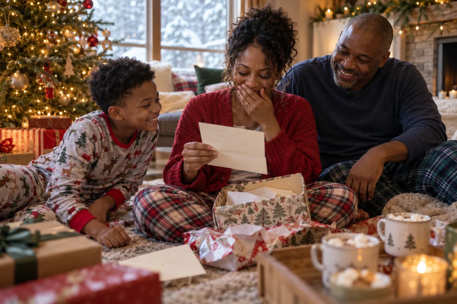 On Christmas morning a mother reads a letter she found in a gift box while her partner and son watch, grinning
