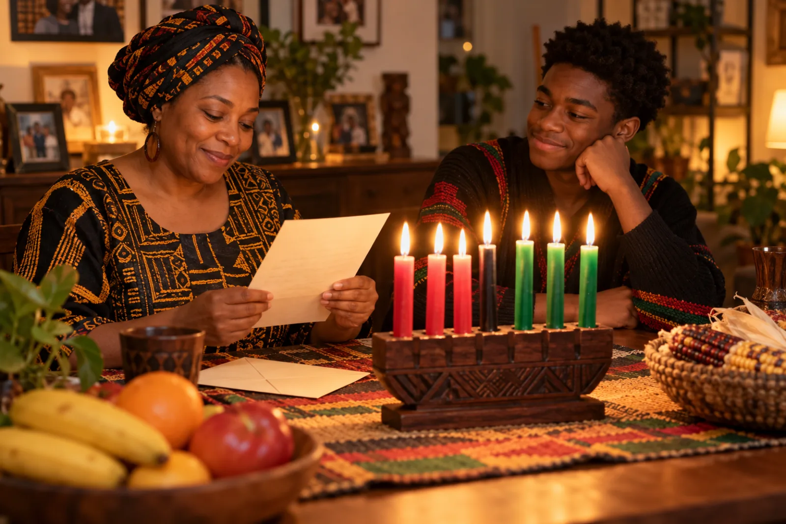A mother reads a letter to her teenage son beside a lit kinara