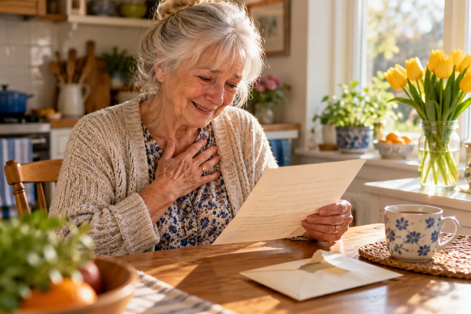 A grandmother at her kitchen table, hand on her heart, reading a letter