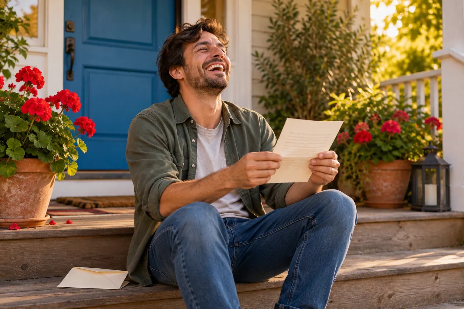 A man laughing on his front steps as he reads a letter