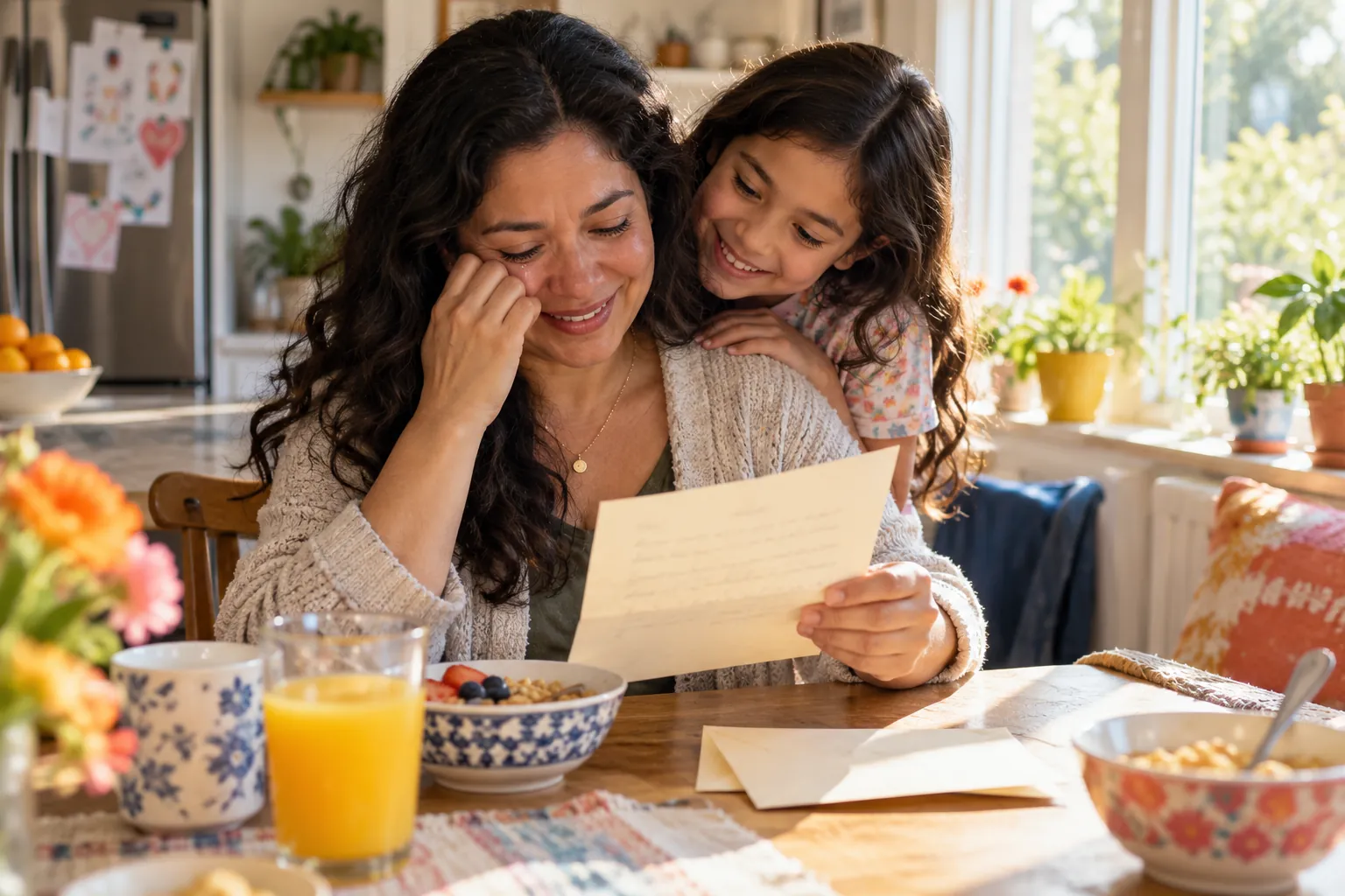 A mother smiles as she reads a letter at the breakfast table, her daughter leaning over her shoulder