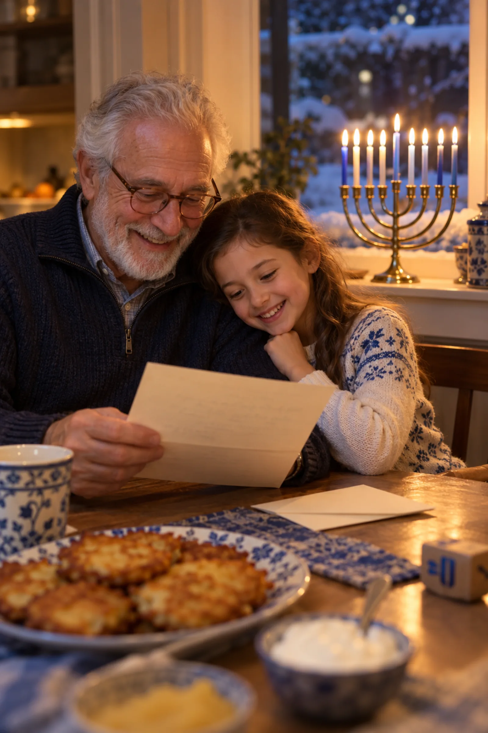 A grandfather and granddaughter read a letter together by a lit menorah
